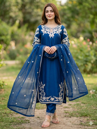 Blue Savarna Silk Embroidered Stitched 3 Piece Suit Blue