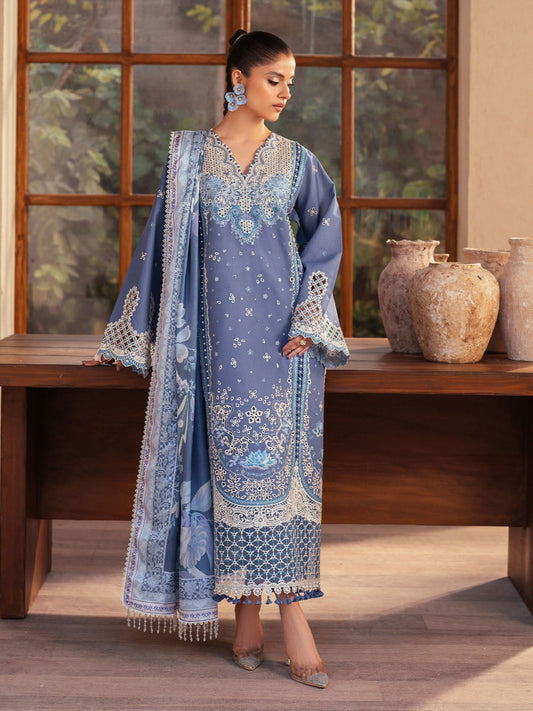 Blue Binilyas Mehroze Lawn Embroidered Unstitched 3-Piece Suit-91-A