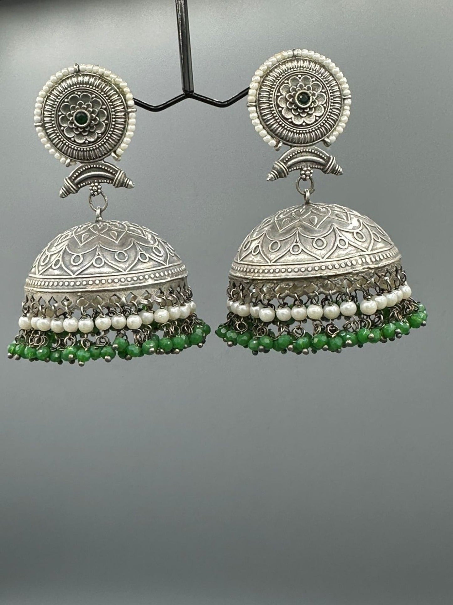 Green and Silver-H&A Jewellery Oxidized Earrings