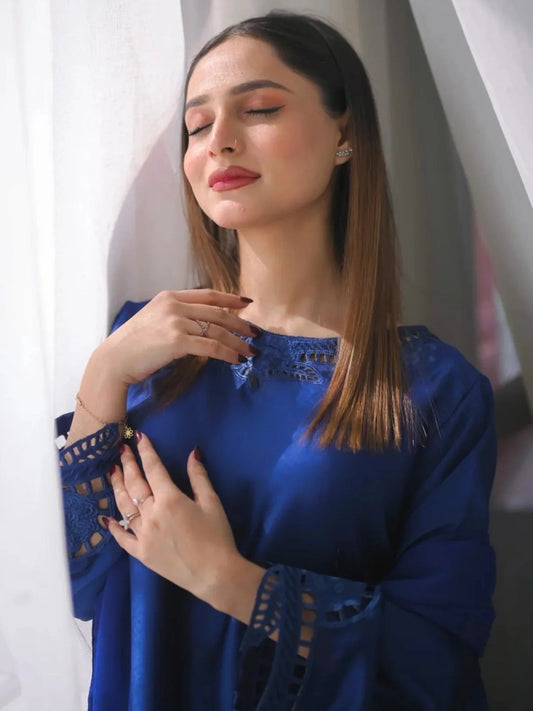 Blue Savarna Silk Embroidered Stitched 3-Piece Suit Blue