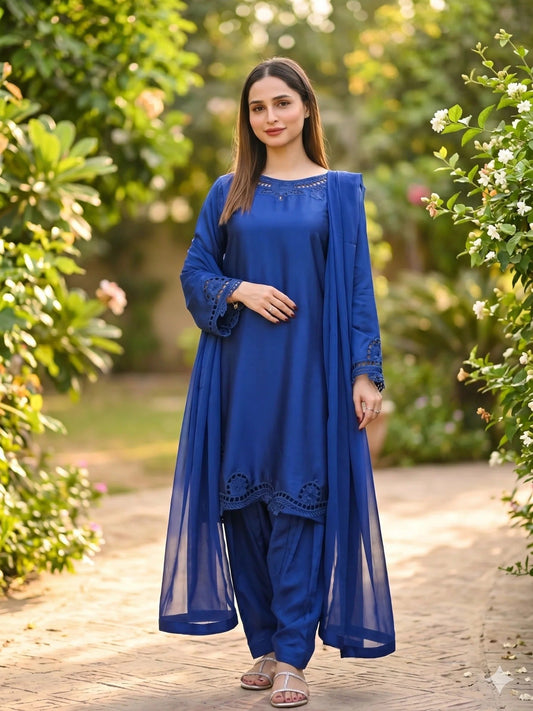 Blue Savarna Silk Embroidered Stitched 3-Piece Suit Blue