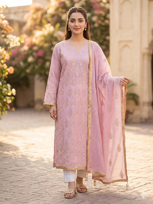 Pink Savarna Khaadi Lawn Embroidered Stitched 3-Piece Suit-Pink