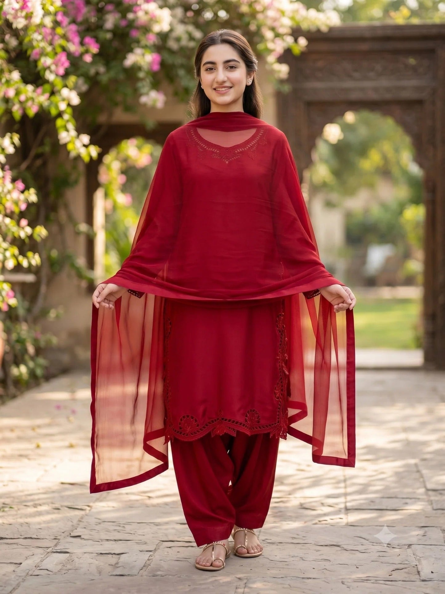 Red Savarna Silk Embroidered Stitched 3-Piece Suit-Maroon Red