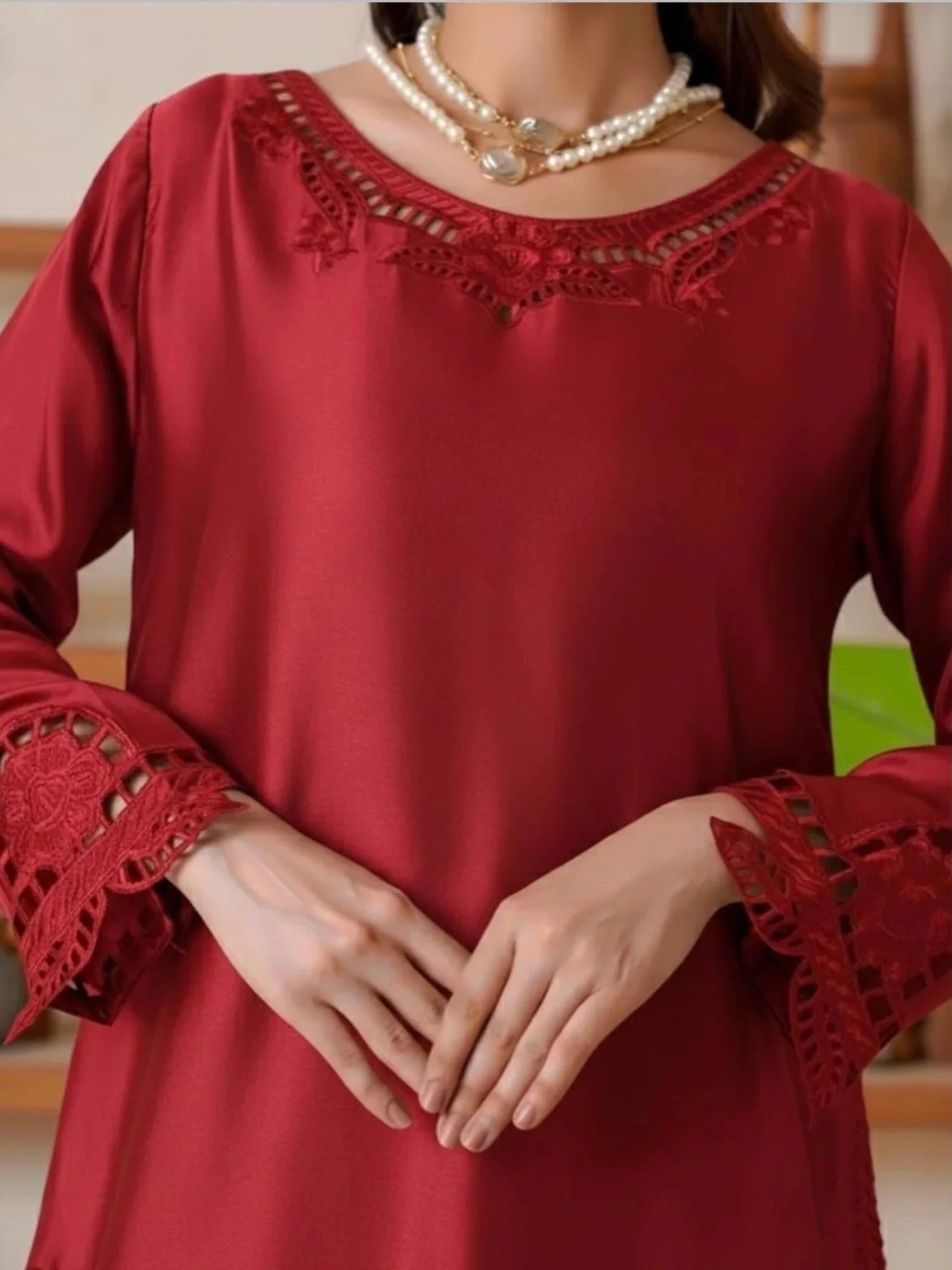 Red Savarna Silk Embroidered Stitched 3-Piece Suit-Maroon Red