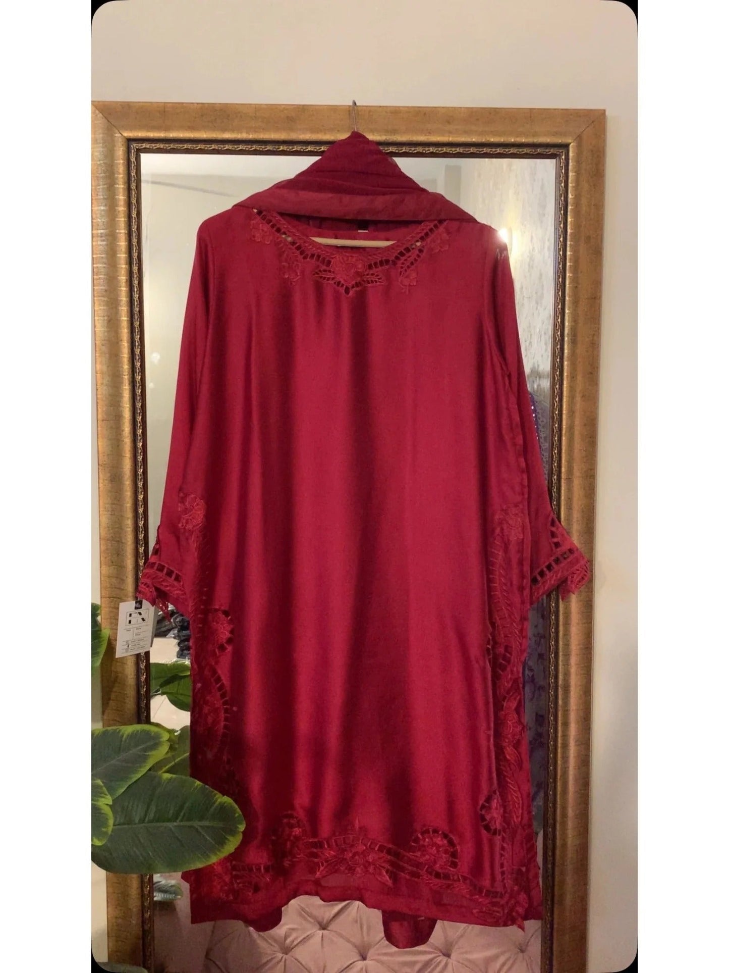 Red Savarna Silk Embroidered Stitched 3-Piece Suit-Maroon Red