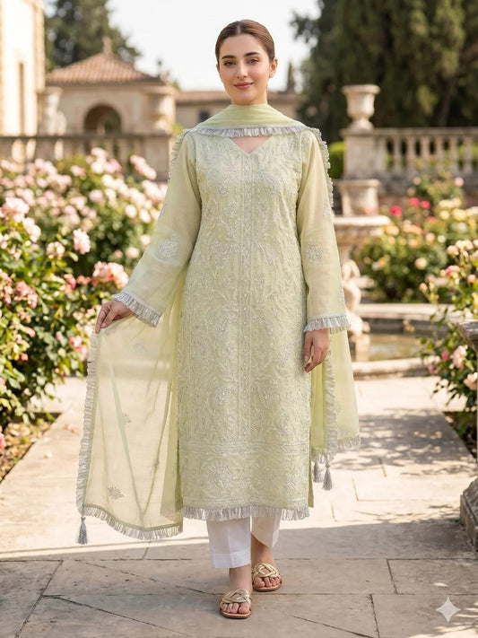 Savarna Khaadi Lawn Embroidered Stitched 3-Piece Suit-Mint Green