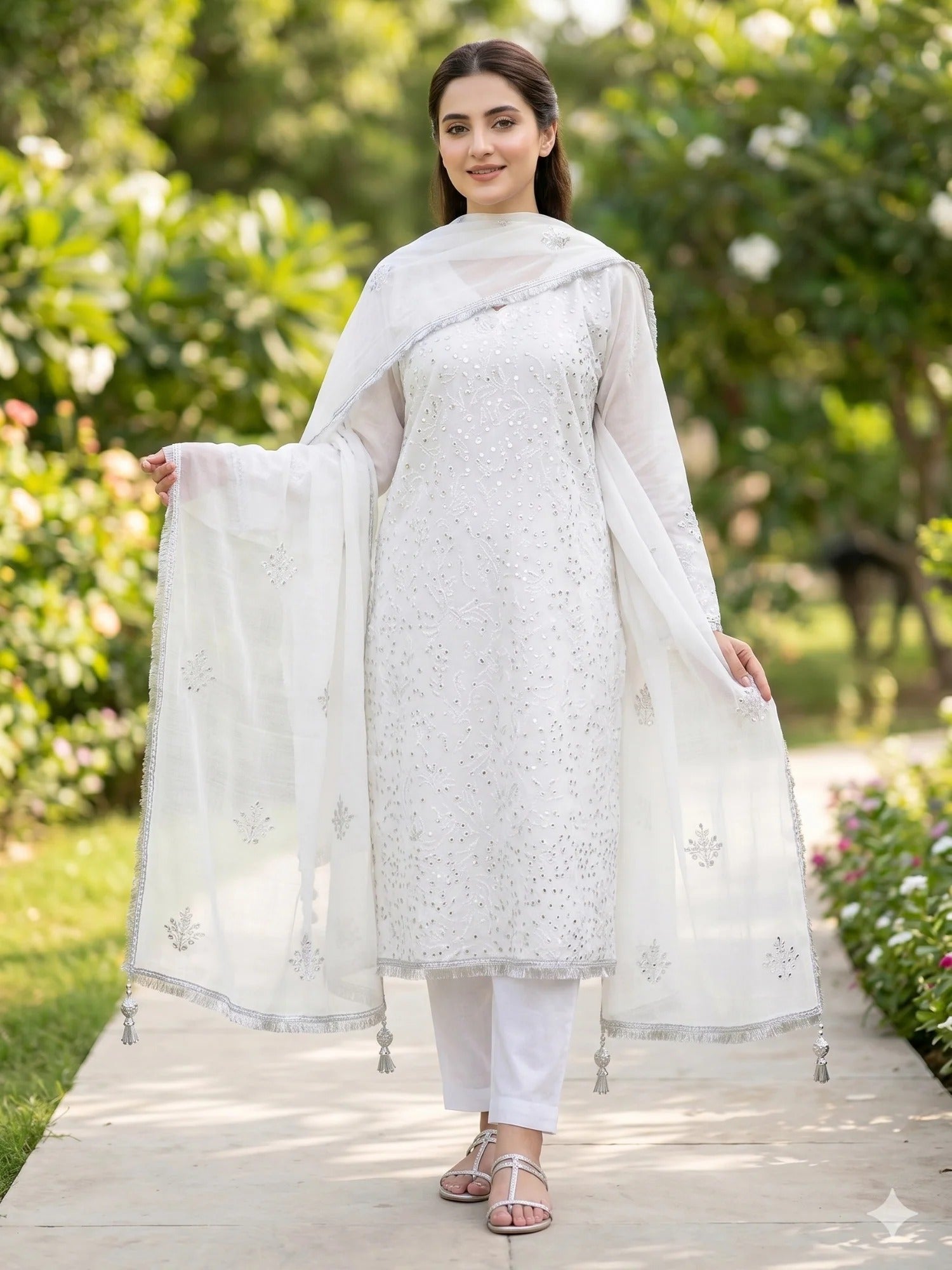 Savarna Khadi Lawn Embroidered Stitched 3-Piece Suit-White
