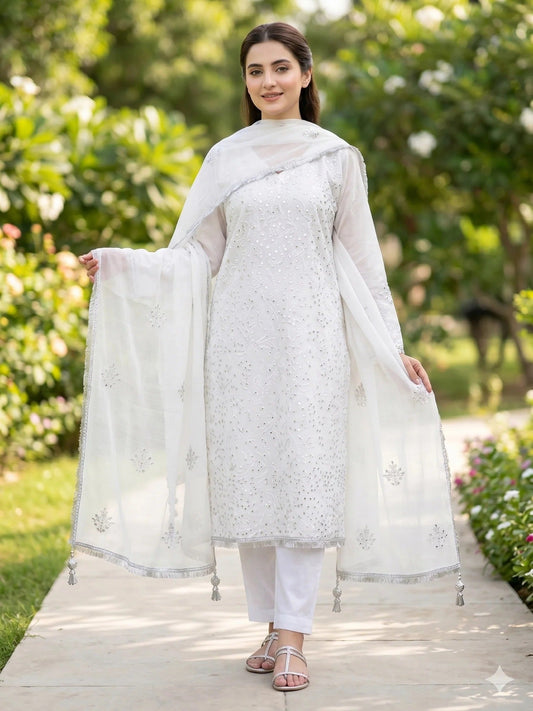 Savarna Khadi Lawn Embroidered Stitched 3-Piece Suit-White