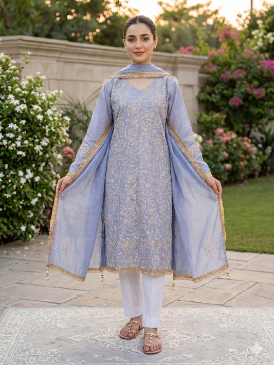 Savarna Khadi Lawn Embroidered Stitched 3-Piece Suit-Lilac