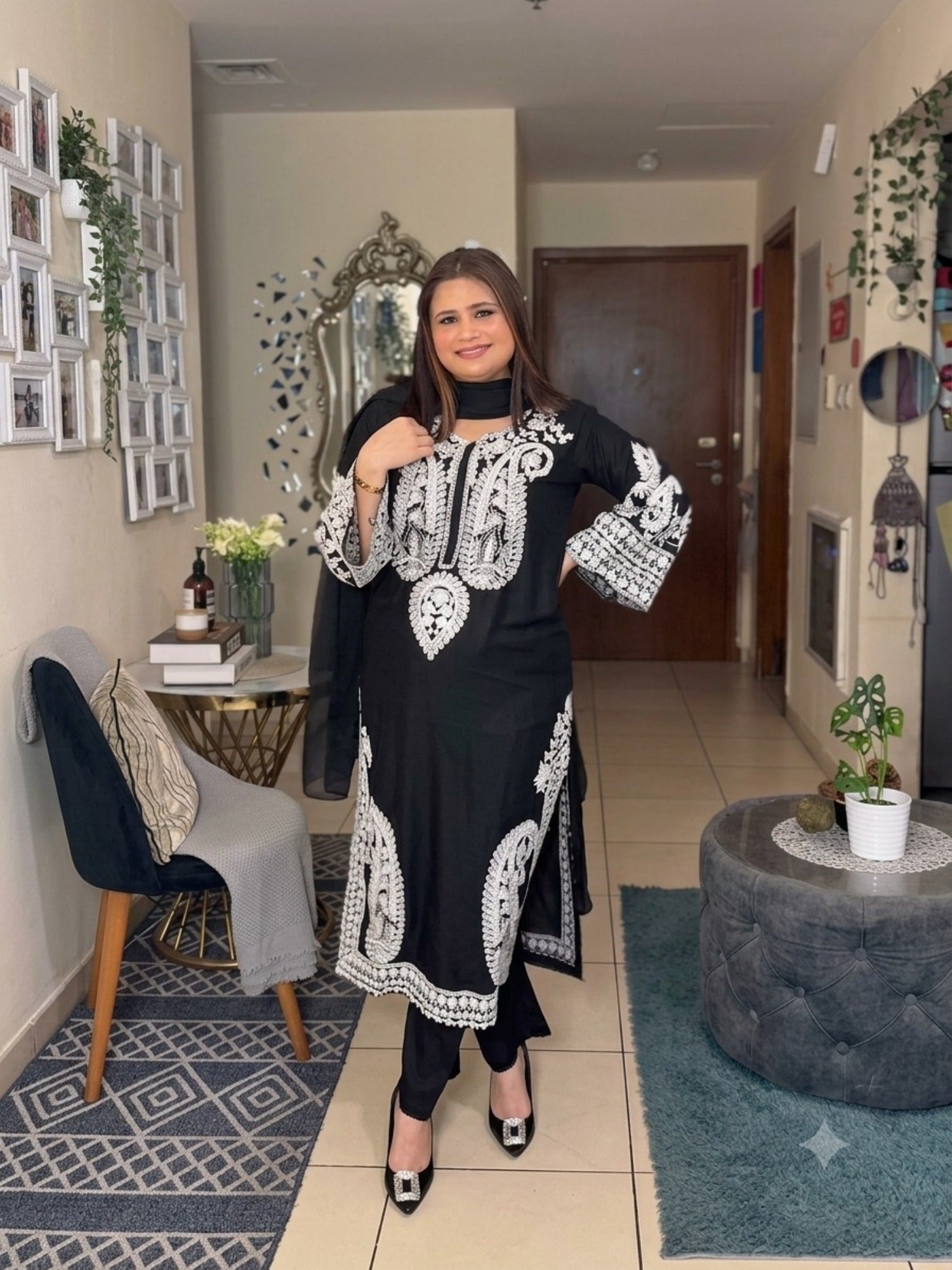 Tawakal Closet Linen Embroidered Stitched 3-Piece Suit-Alize Black