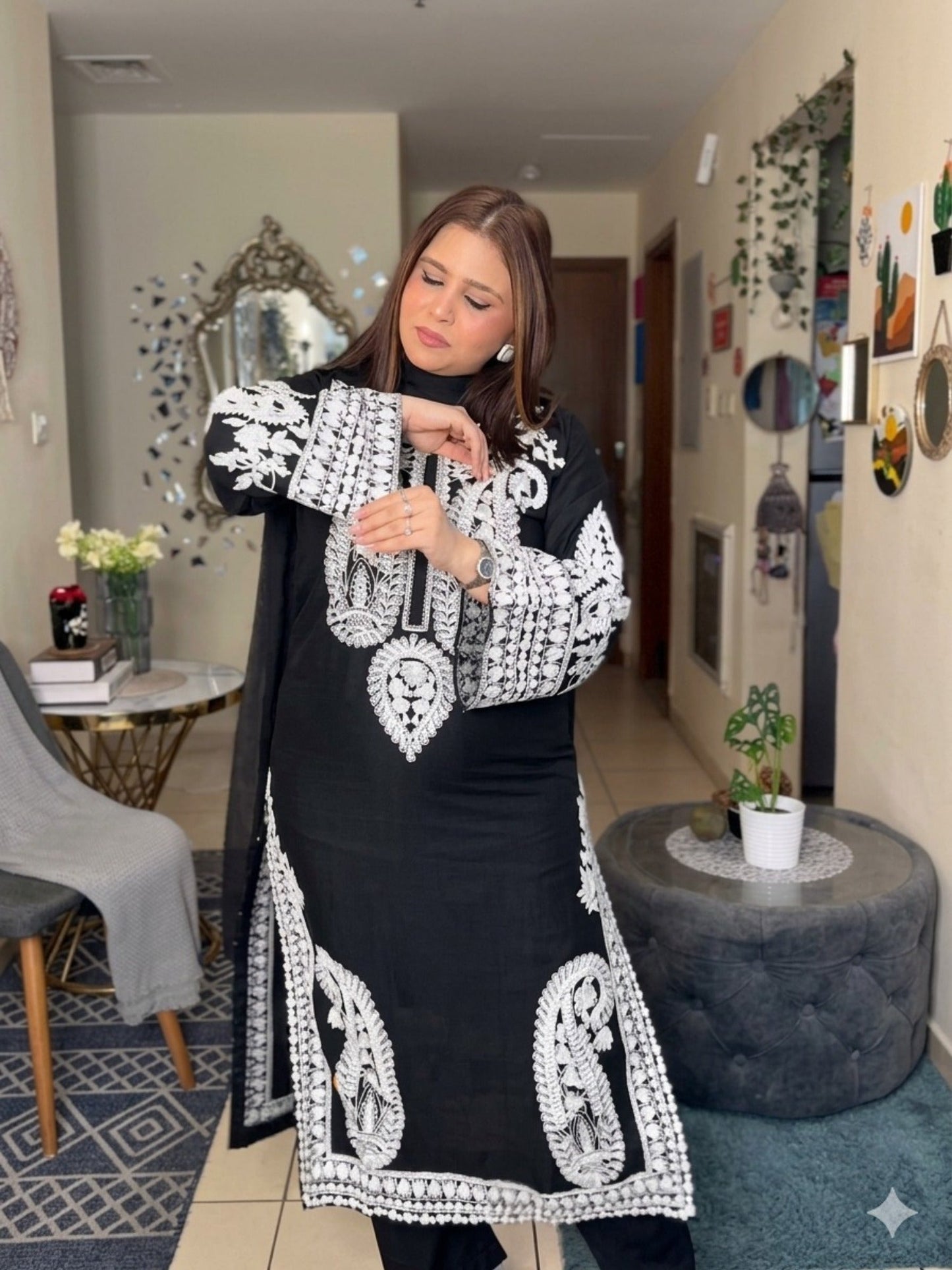 Tawakal Closet Linen Embroidered Stitched 3-Piece Suit-Alize Black