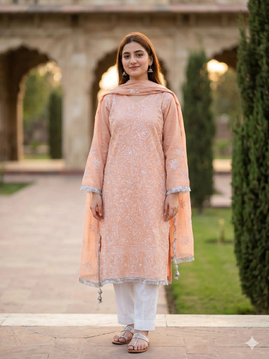 Peach Savarna Khadi Lawn Embroidered Stitched 3-Piece Suit-Peach