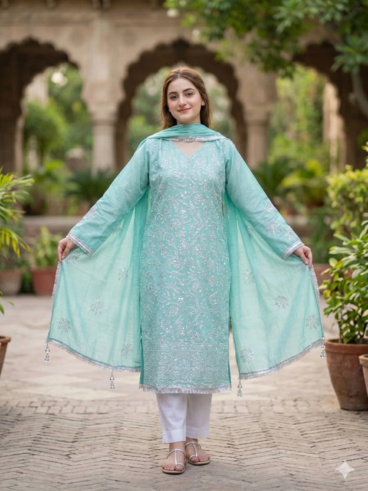 Sea Green Savarna Khadi Lawn Embroidered Stitched 3-Piece Suit-Sea Green
