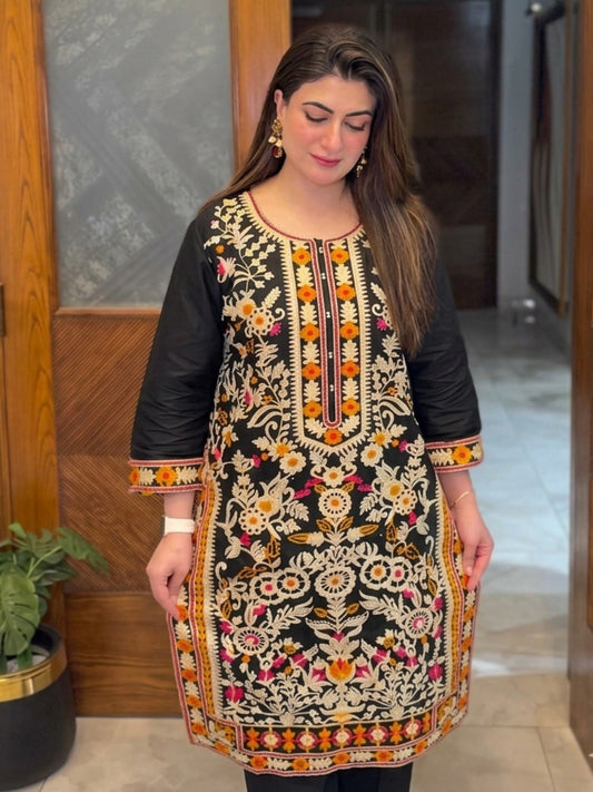 Black-Tawakal Closet linen Embroidered Stitched 3-Piece Suit-Meadow Grace