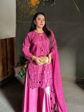 Pink-Savarna Silk Embroidered Stitched 3-Piece Suit-Pink