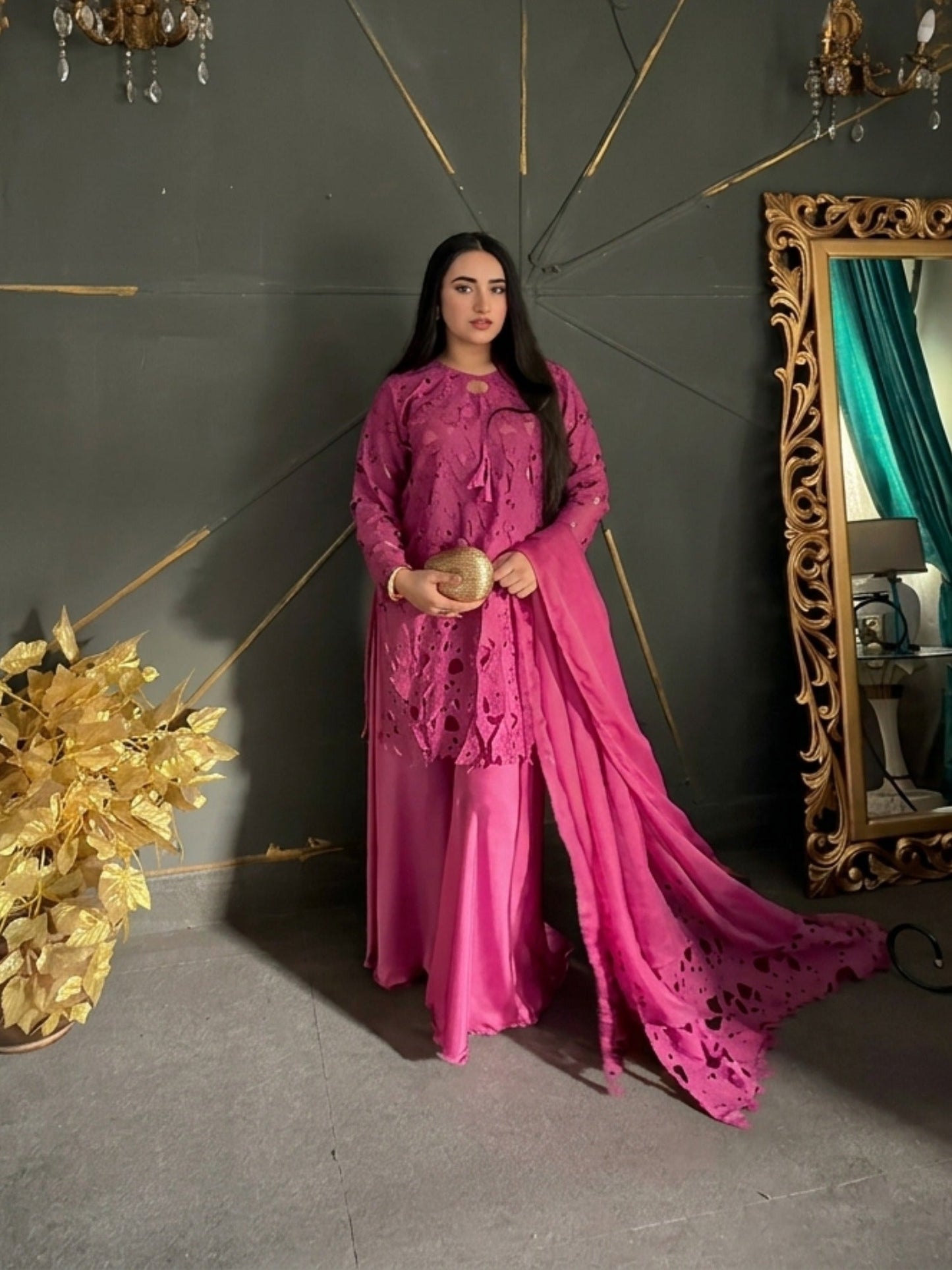 Pink-Savarna Silk Embroidered Stitched 3-Piece Suit-Pink