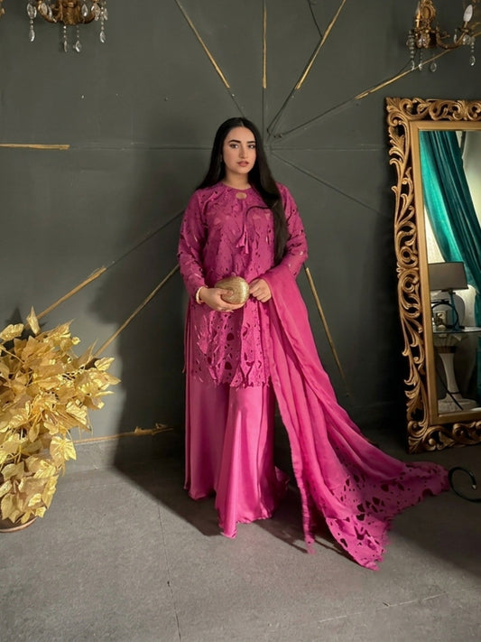 Pink-Savarna Silk Embroidered Stitched 3-Piece Suit-Pink