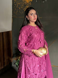 Pink-Savarna Silk Embroidered Stitched 3-Piece Suit-Pink