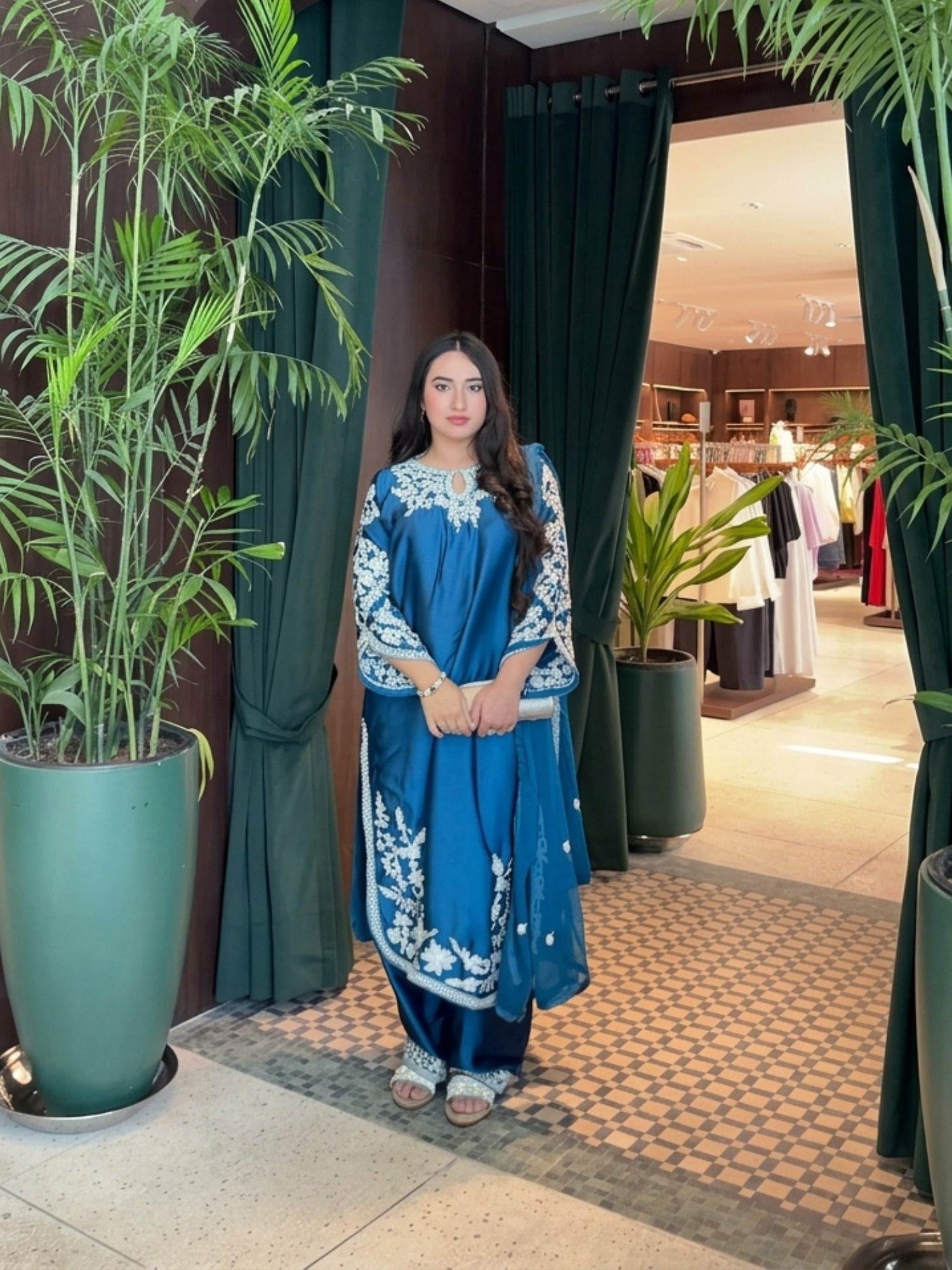 Savarna Silk Embroidered Stitched 3-Piece Suit Zinc Blue