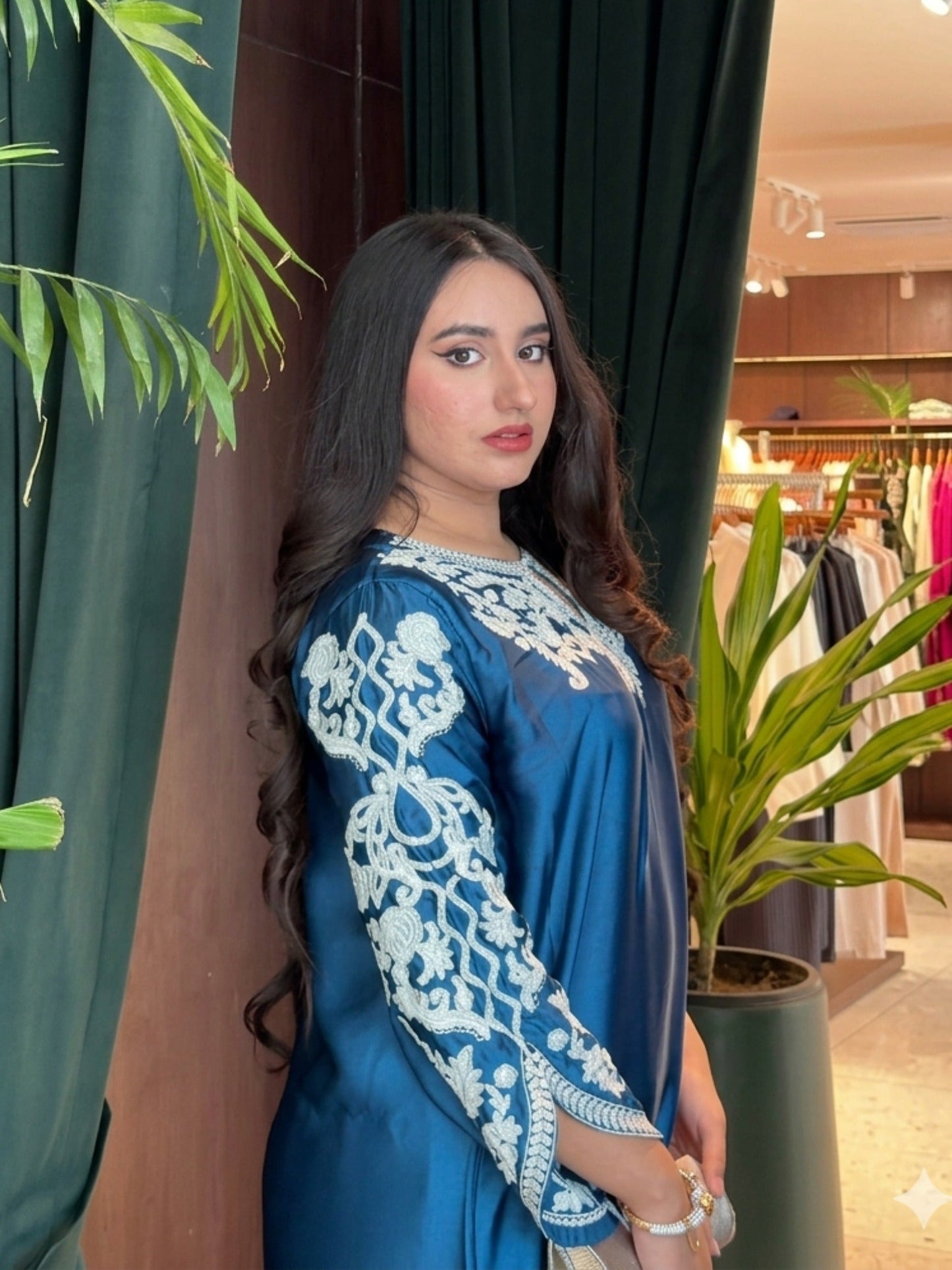 Savarna Silk Embroidered Stitched 3-Piece Suit Zinc Blue
