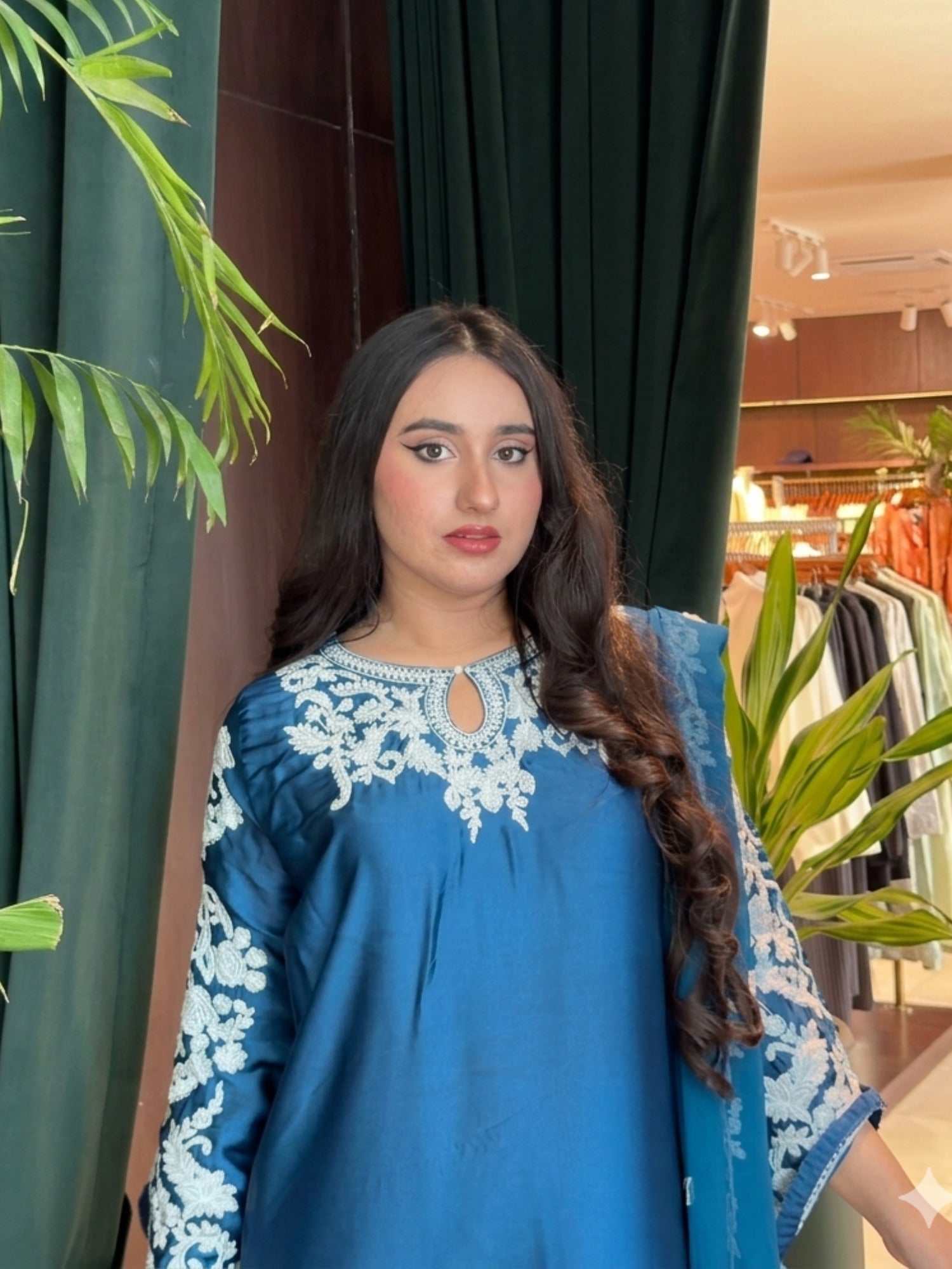 Savarna Silk Embroidered Stitched 3-Piece Suit Zinc Blue