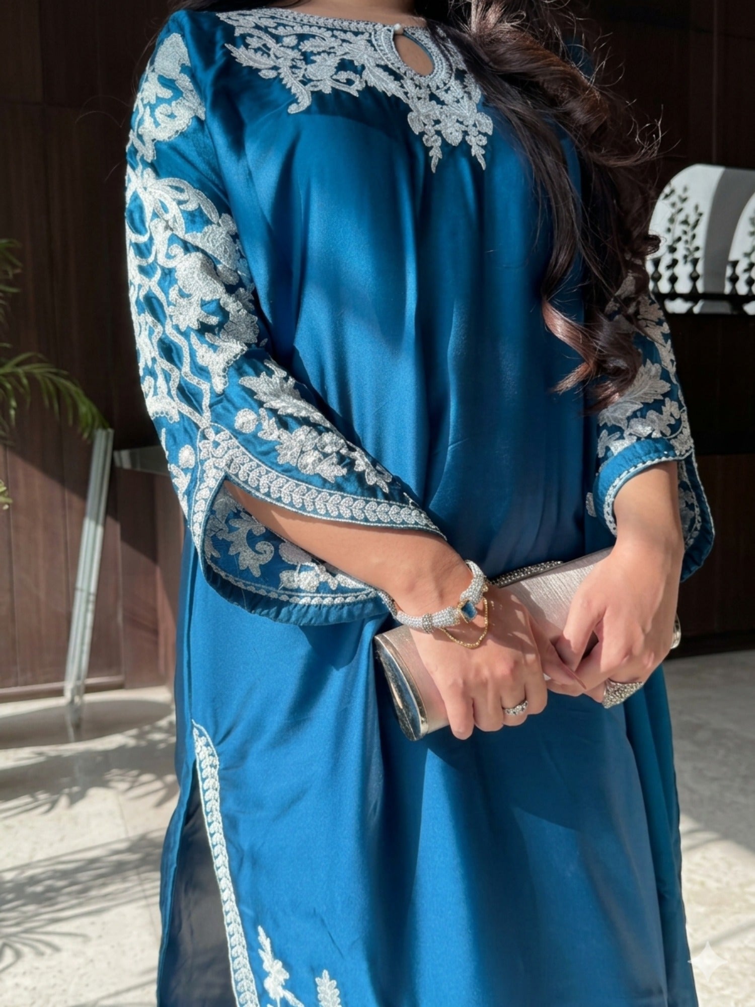 Savarna Silk Embroidered Stitched 3-Piece Suit Zinc Blue
