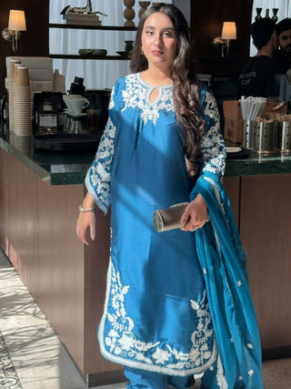 Savarna Silk Embroidered Stitched 3 Piece Suit Zinc Blue