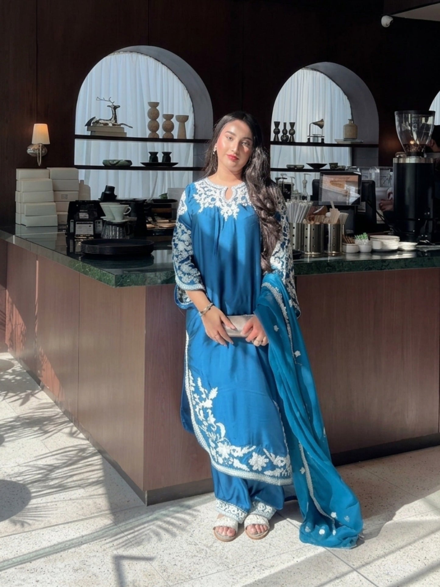 Savarna Silk Embroidered Stitched 3-Piece Suit Zinc Blue