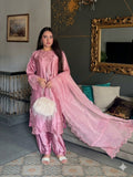 Pink Savarna Silk Embroidered Stitched 3-Piece Suit-Pink