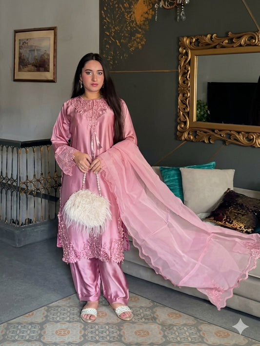 Pink Savarna Silk Embroidered Stitched 3-Piece Suit-Pink