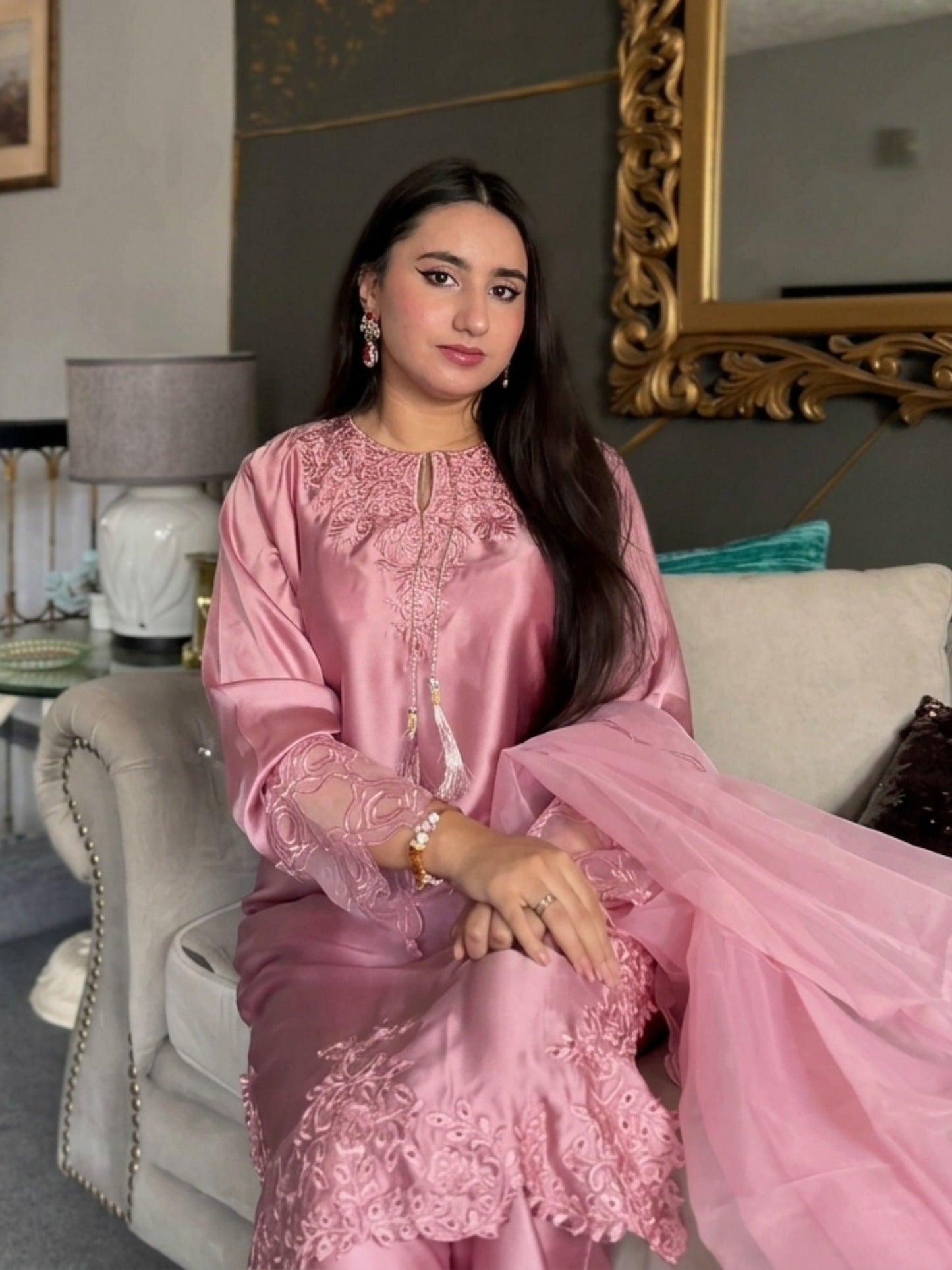 Pink Savarna Silk Embroidered Stitched 3-Piece Suit-Pink