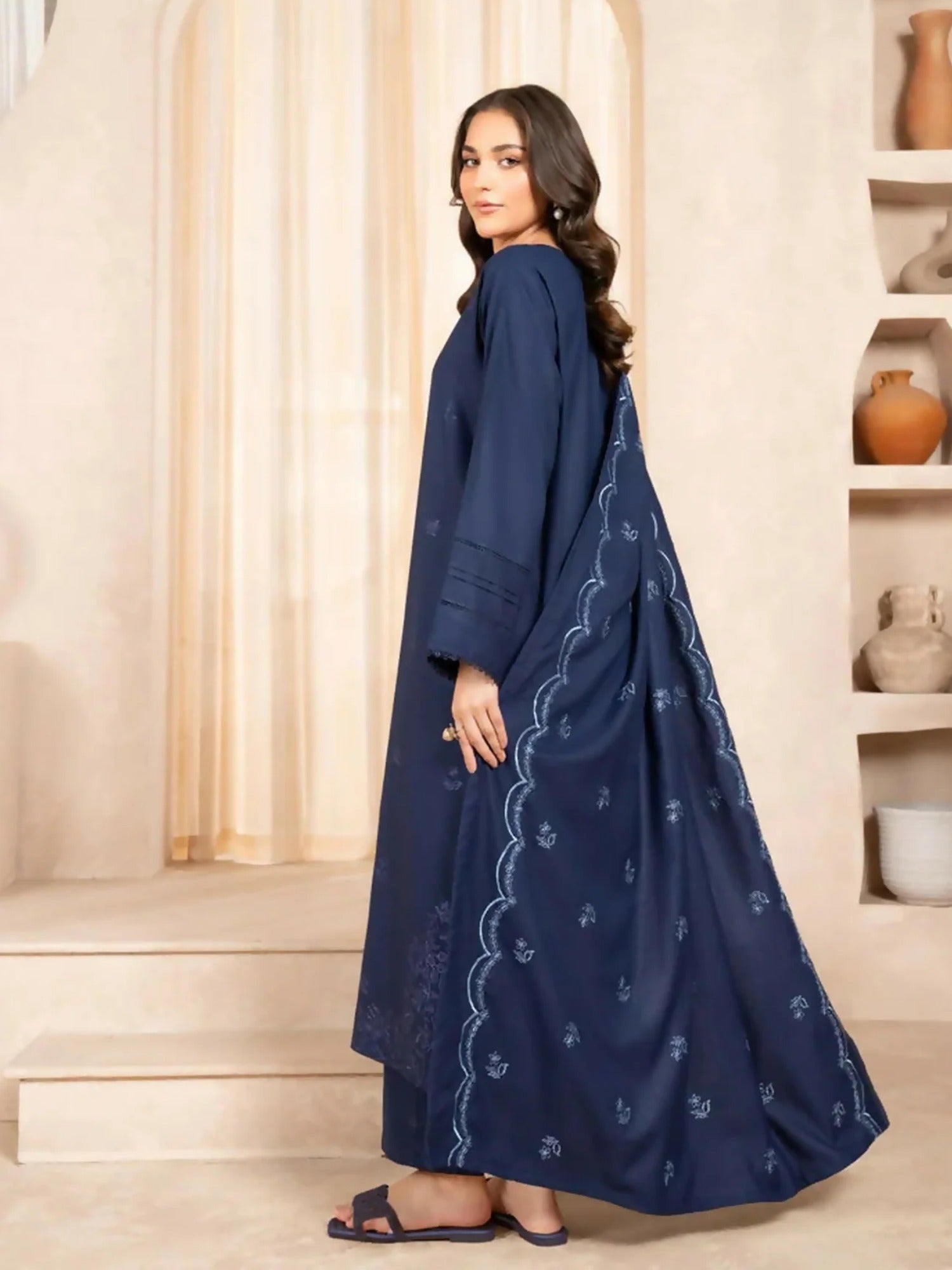 Zeephire Dhanak Embroidered Stitched 3-Piece Suit-Navy Azurita