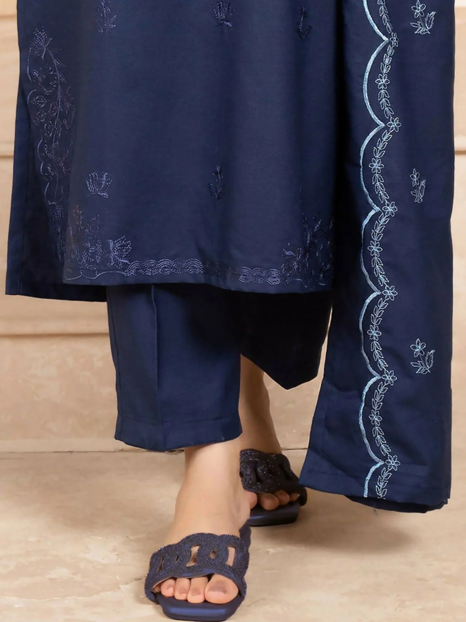 Zeephire Dhanak Embroidered Stitched 3-Piece Suit-Navy Azurita