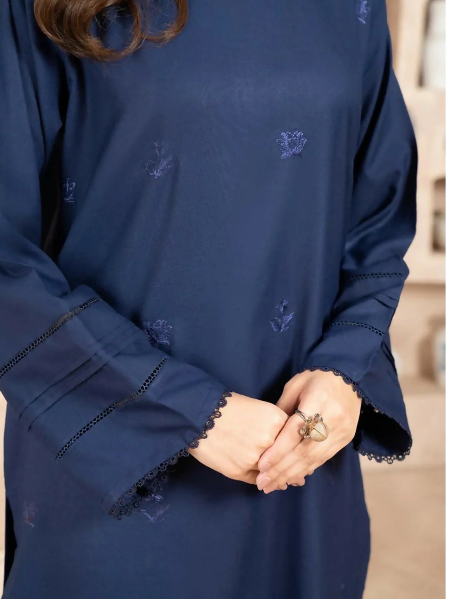 Zeephire Dhanak Embroidered Stitched 3-Piece Suit-Navy Azurita