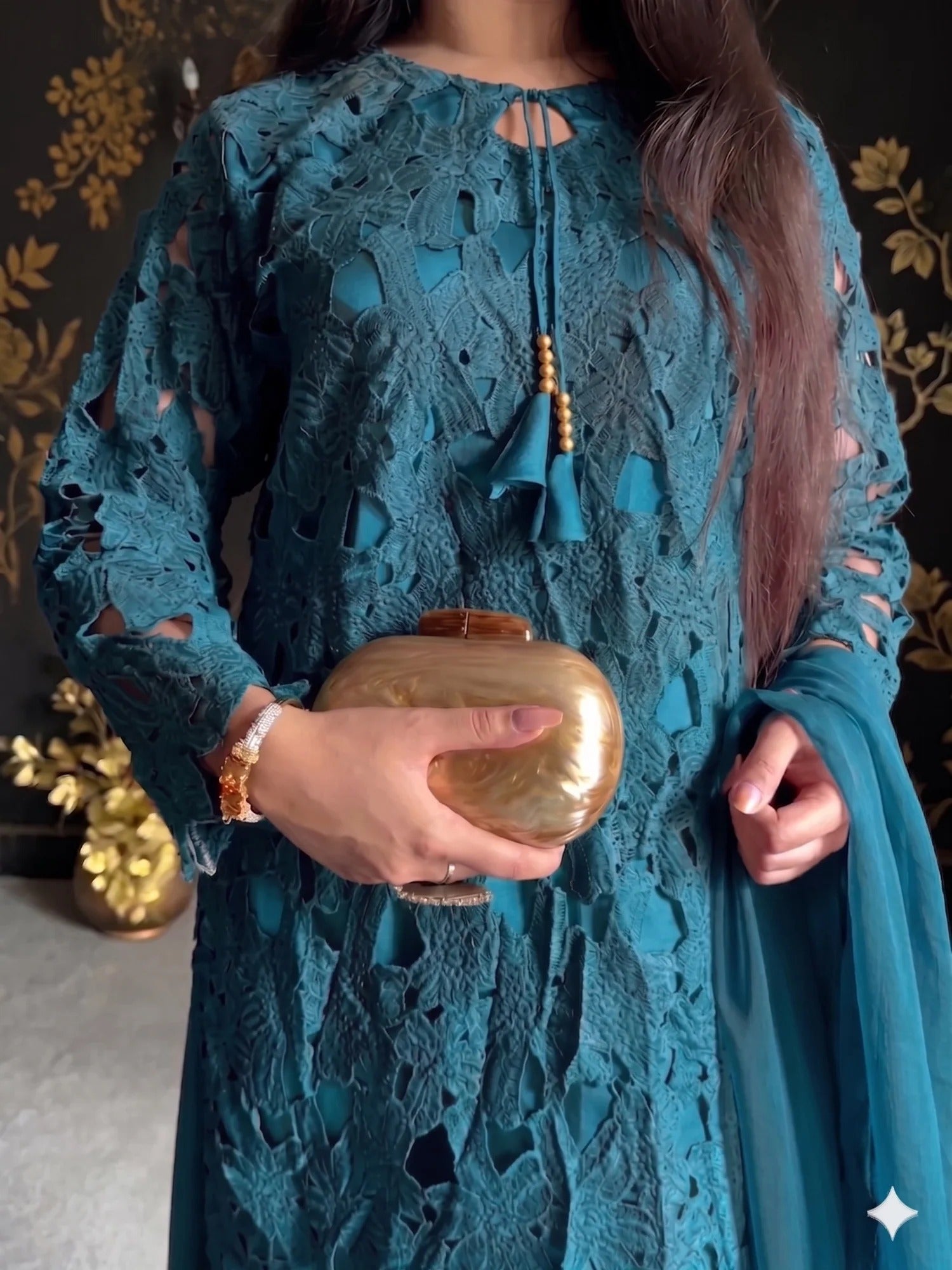 Blue Savarna Cotton Net Embroidered Sharara-Teal Blue
