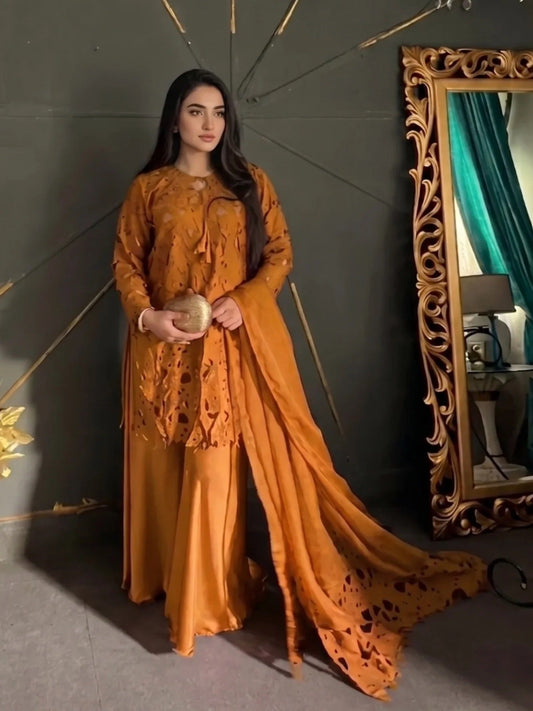 Yellow Savarna Silk Embroidered Stitched 3-Piece Suit-Yellow Mustard