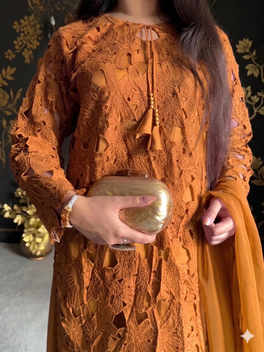 Yellow Savarna Silk Embroidered Stitched 3-Piece Suit-Yellow Mustard