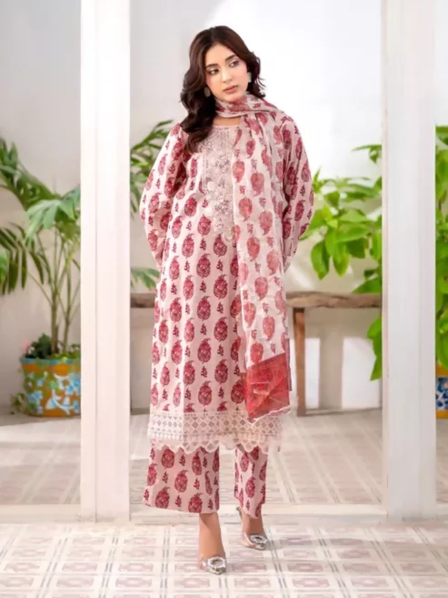 MAK Fashion Lawn Embroidered Stitched 3-Piece Suit-Ruby Rouge