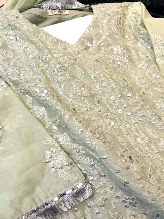 Savarna Khaadi Lawn Embroidered Stitched 3-Piece Suit-Mint Green