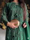Green Savarna Cotton Net Stitched 3-Piece Silk Cutwork Sharara-Emerald Green