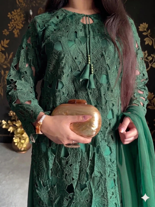 Green Savarna Cotton Net Stitched 3-Piece Silk Cutwork Sharara-Emerald Green
