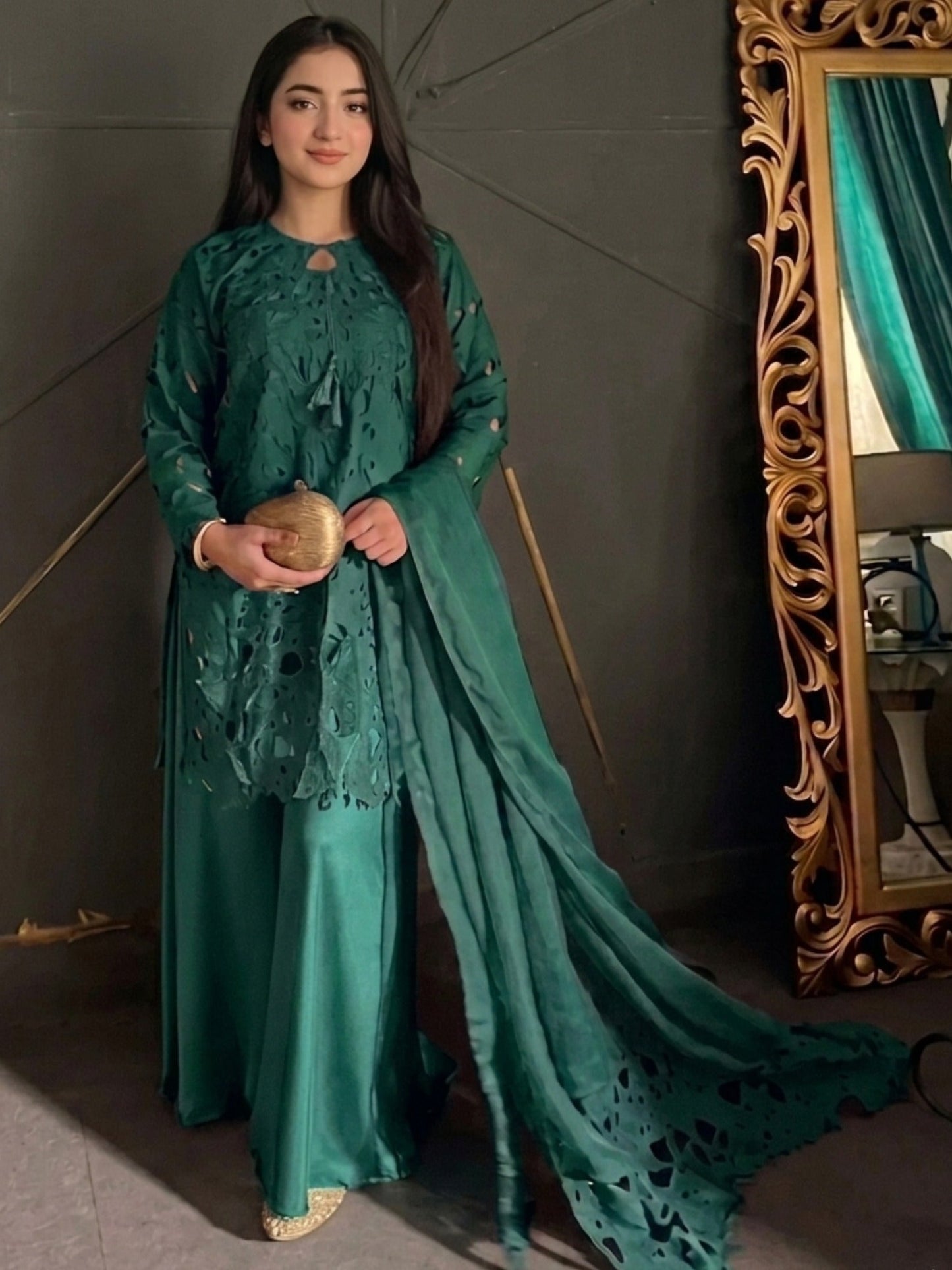 Green Savarna Cotton Net Stitched 3-Piece Silk Cutwork Sharara-Emerald Green