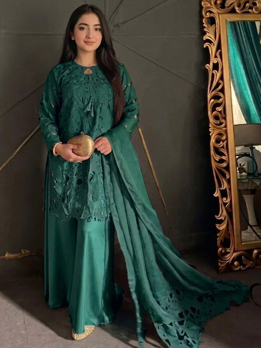 Green Savarna Cotton Net Stitched 3-Piece Silk Cutwork Sharara-Emerald Green