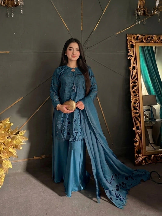 Blue Savarna Cotton Net Embroidered Sharara-Teal Blue