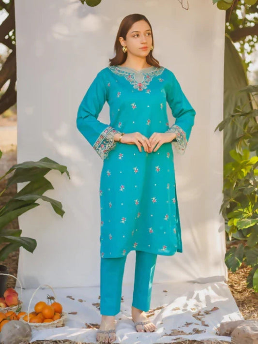 MAK Fashion Dobby Lawn Embroidered Co-Ord Set-Crimson