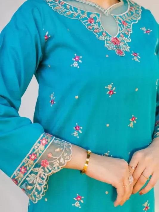 MAK Fashion Dobby Lawn Embroidered Co-Ord Set-Crimson