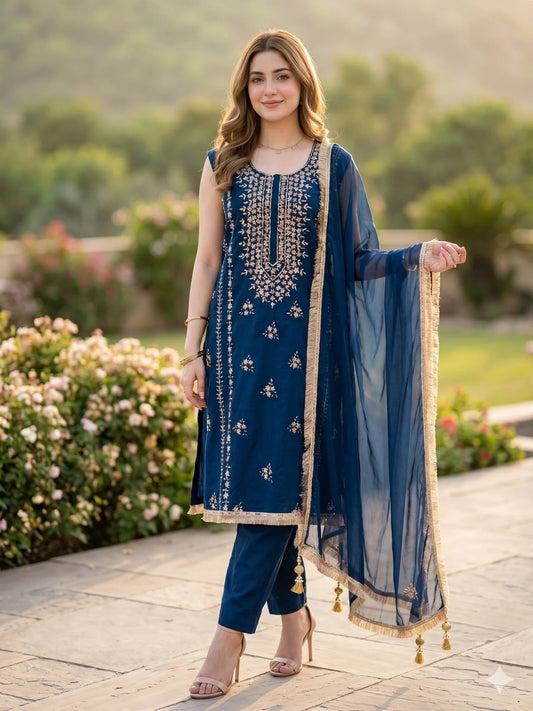 Blue Savarna Cotton Stitched 3-Piece Suit-Blue