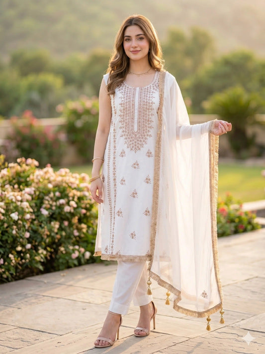 White Savarna Cotton Embroidered Stitched 3-Piece Suit-White
