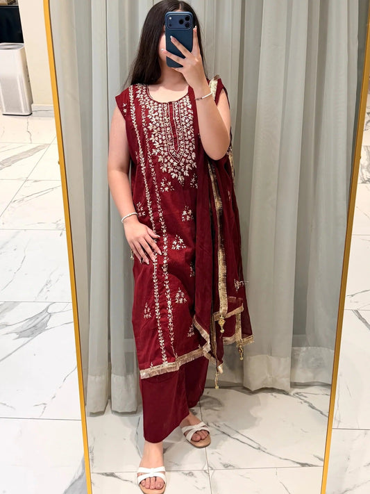 Maroon Savarna Cotton Embroidered Stitched 3-Piece Suit-Maroon Red