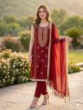 Maroon Savarna Cotton Embroidered Stitched 3-Piece Suit-Maroon Red